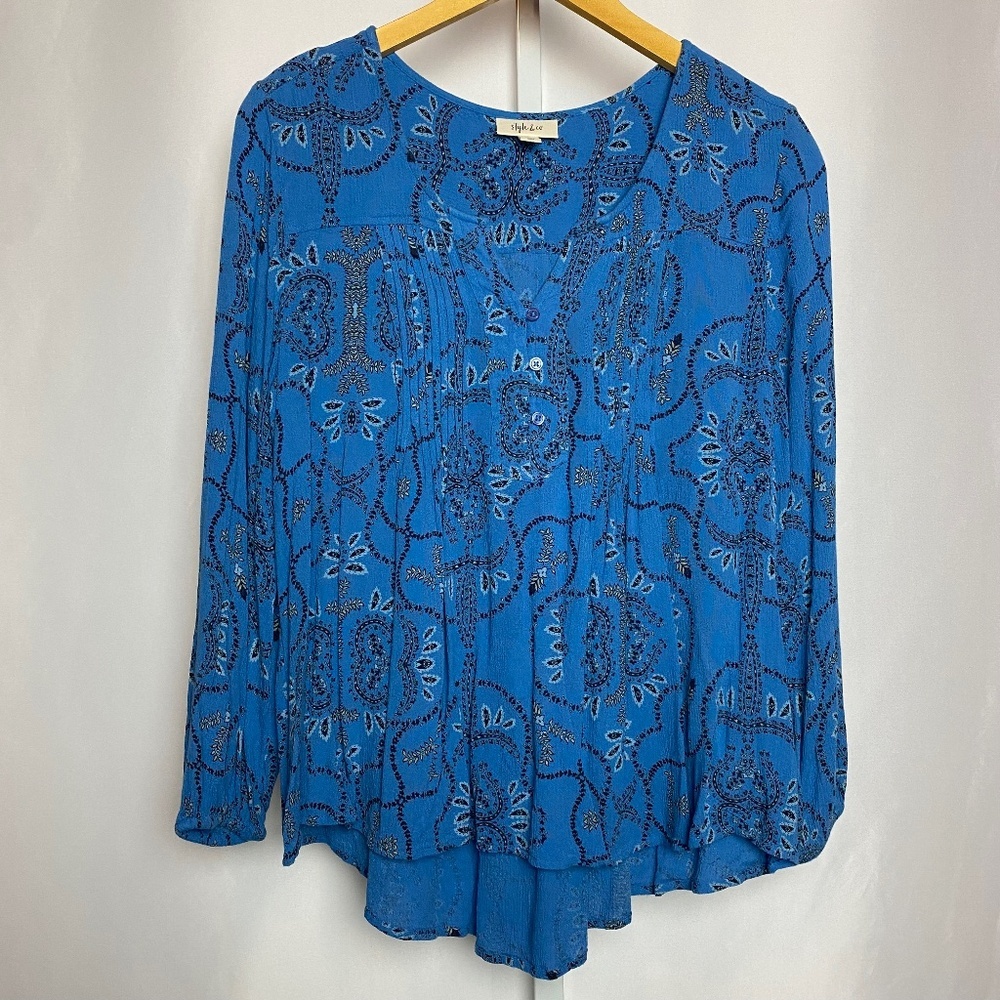 Style & Co.Womenʻs Boho Blue Floral Long Sleeve Split Neck Blouse Petite large